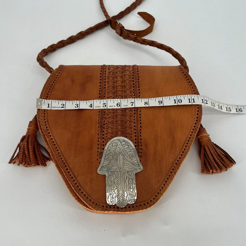 Vtg Four Winds‎ Leather Crossbody Brown Boho Hamsa Concho Morocco Braided Hippie